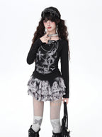 CRAZYGIRL Chain Print Faux Two Piece Halter Women's Knit Slim Fit Short Sleeve T-shirts