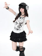 CRAZYGIRL Chain Print Faux Two Piece Halter Women's Knit Slim Fit Short Sleeve T-shirts