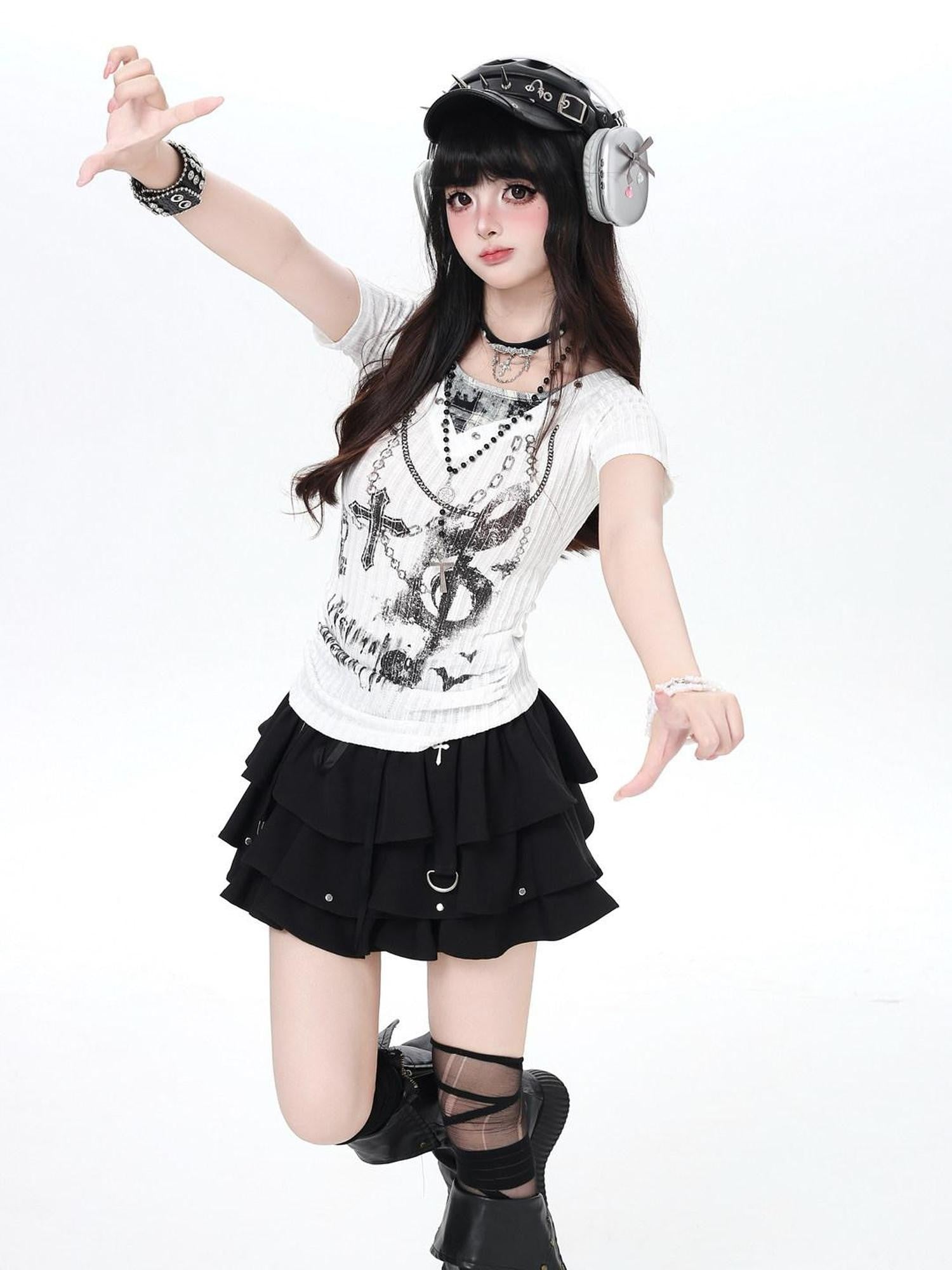 CRAZYGIRL Chain Print Faux Two Piece Halter Women's Knit Slim Fit Short Sleeve T-shirts