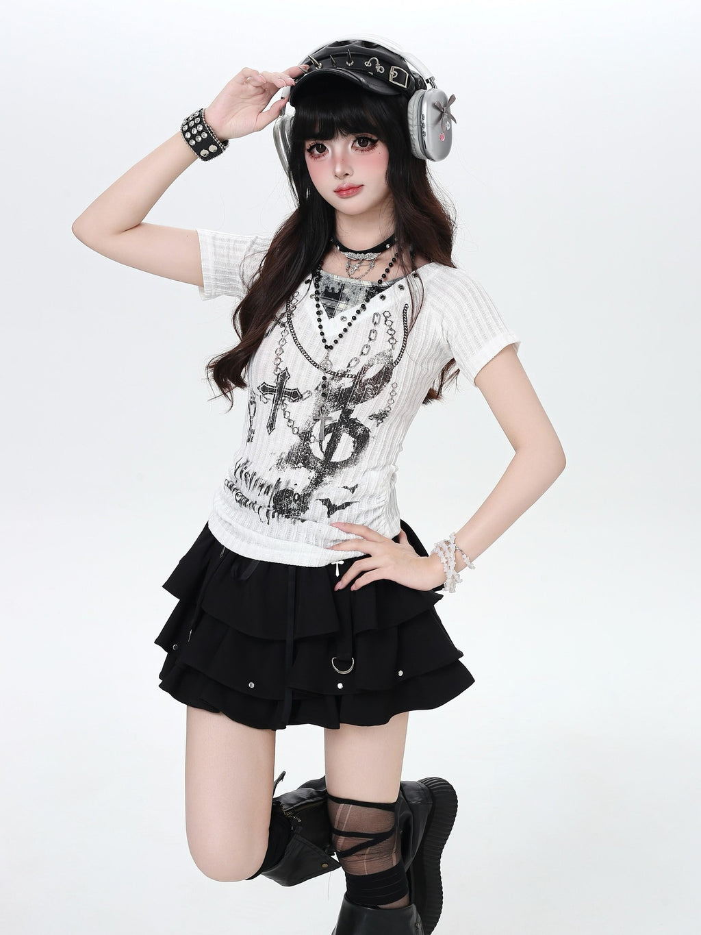 CRAZYGIRL Chain Print Faux Two Piece Halter Women's Knit Slim Fit Short Sleeve T-shirts