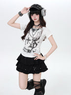 CRAZYGIRL Chain Print Faux Two Piece Halter Women's Knit Slim Fit Short Sleeve T-shirts
