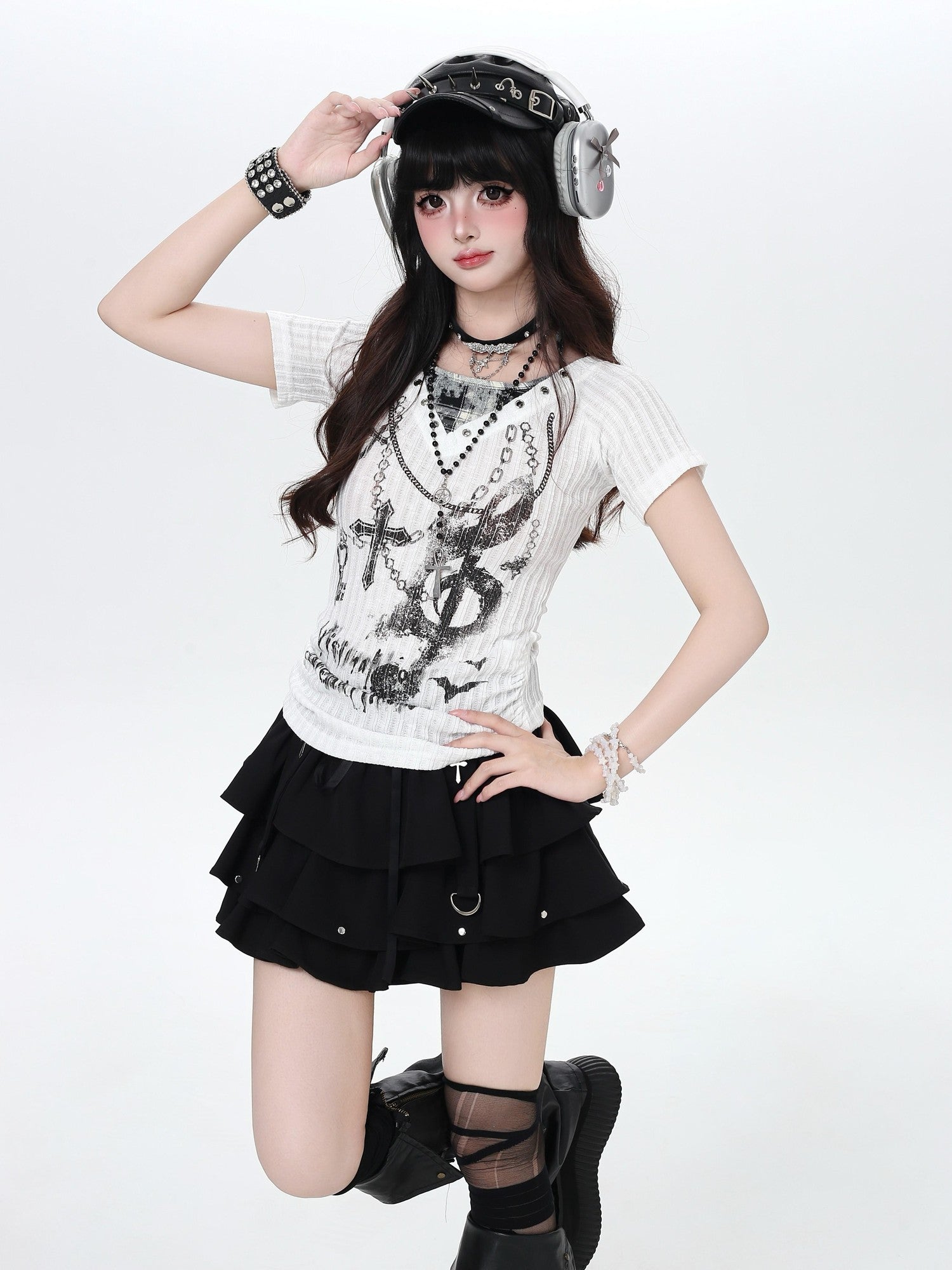 CRAZYGIRL Chain Print Faux Two Piece Halter Women's Knit Slim Fit Short Sleeve T-shirts