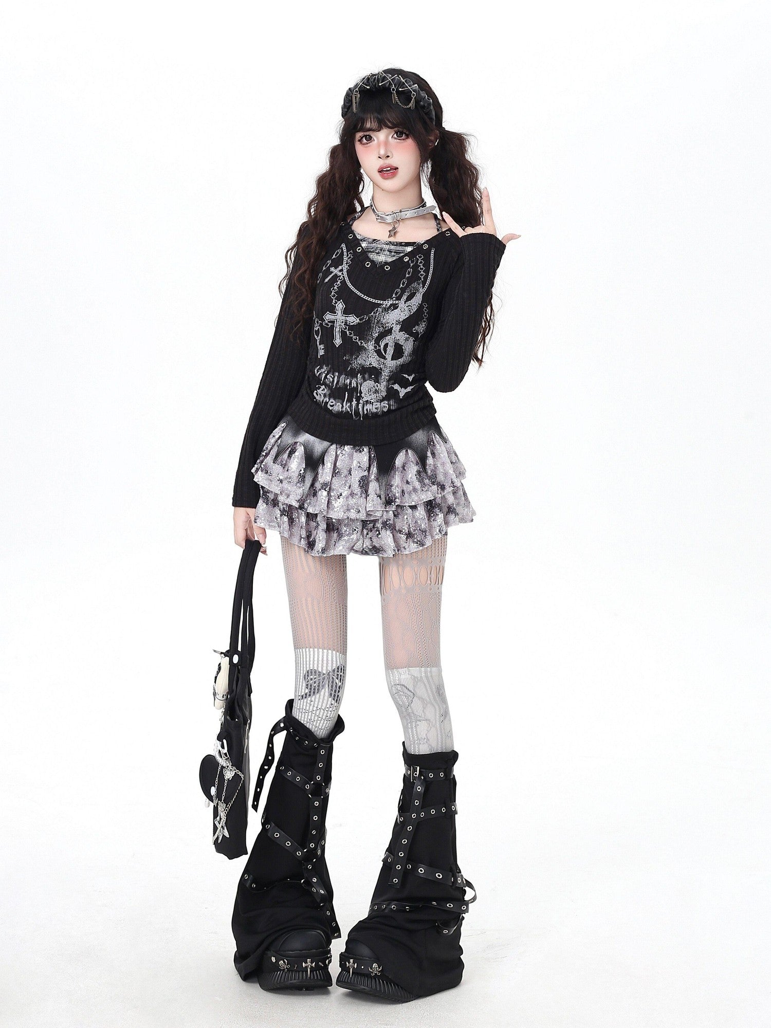 CRAZYGIRL Chain Print Faux Two Piece Halter Women's Knit Slim Fit Short Sleeve T-shirts