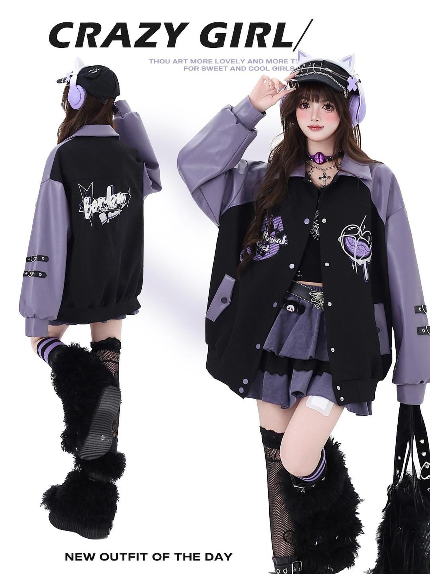CRAZYGIRL Colorblock Embroidered Patchwork Heart Women's Pu Leather Casual Jackets