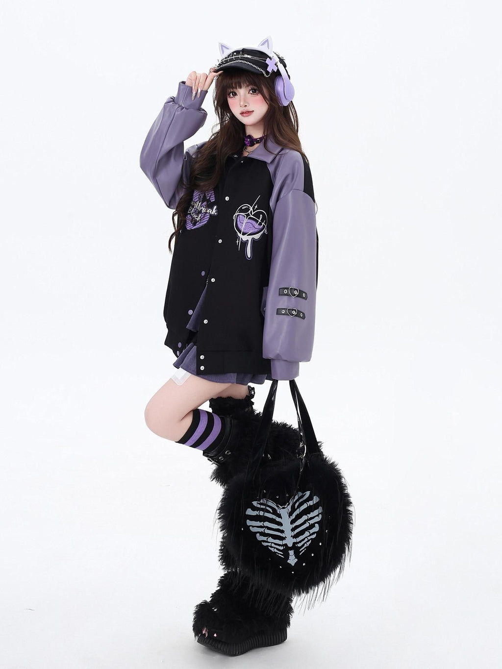 CRAZYGIRL Colorblock Embroidered Patchwork Heart Women's Pu Leather Casual Jackets