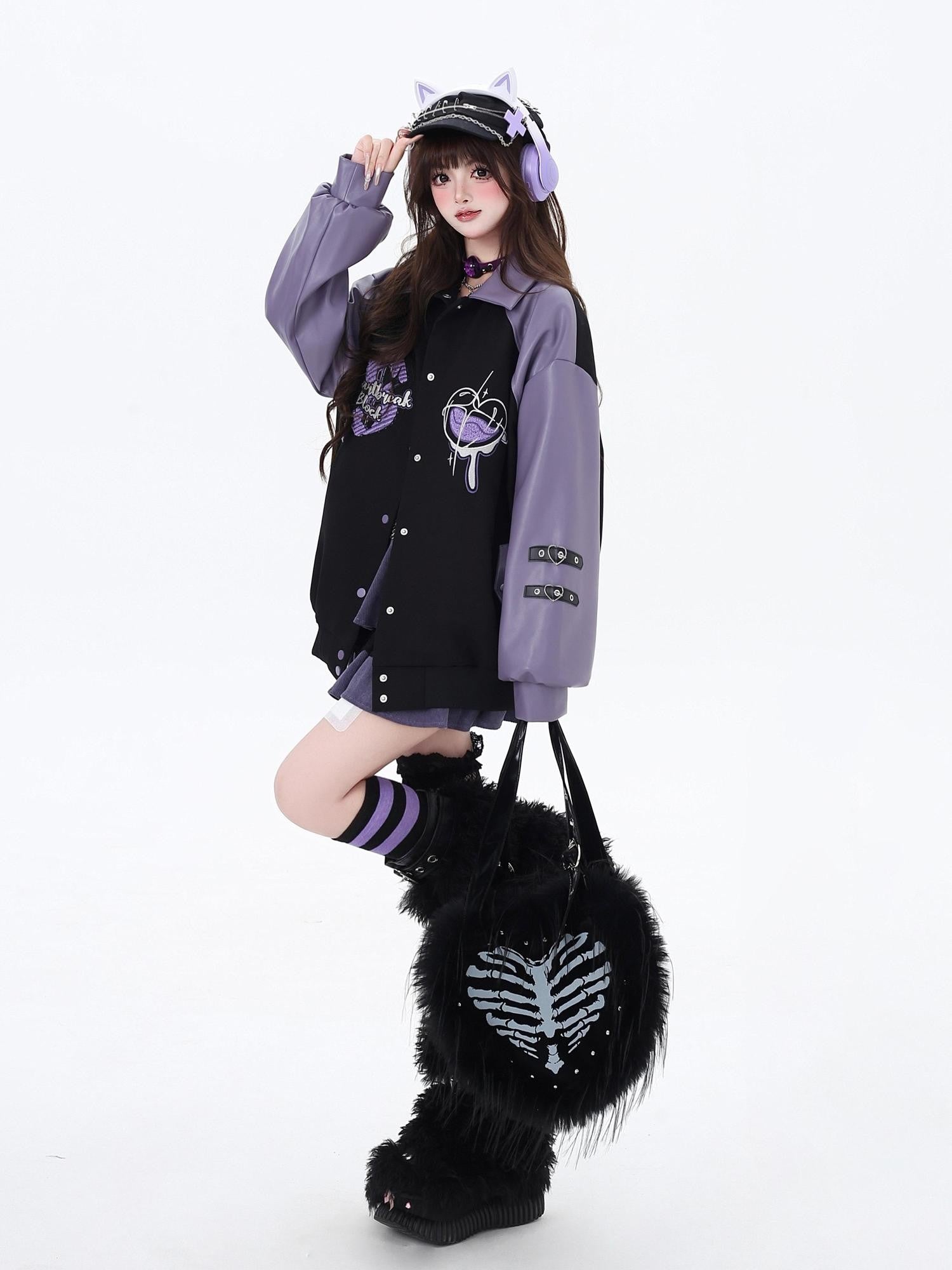 CRAZYGIRL Colorblock Embroidered Patchwork Heart Women's Pu Leather Casual Jackets