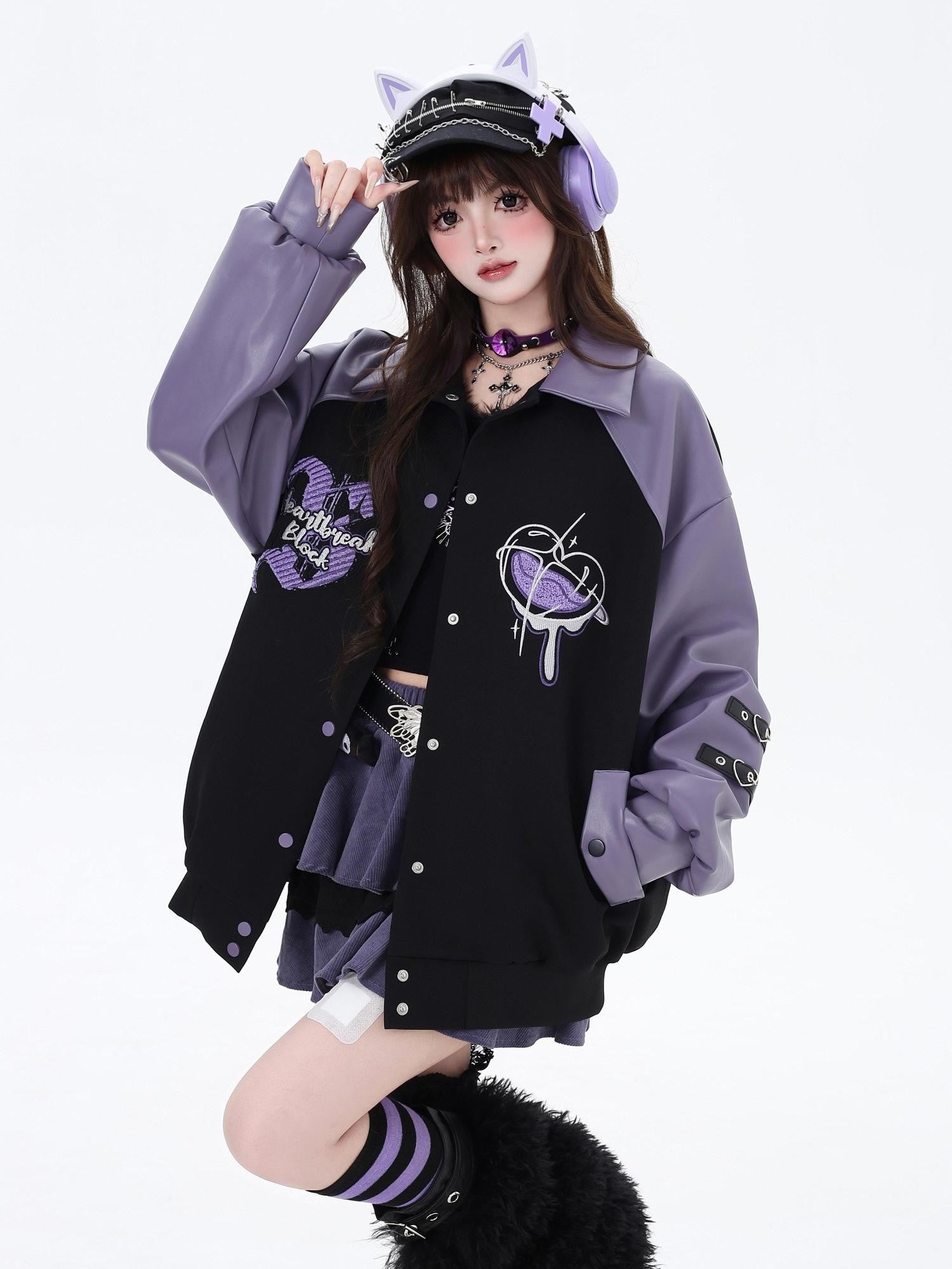 CRAZYGIRL Colorblock Embroidered Patchwork Heart Women's Pu Leather Casual Jackets