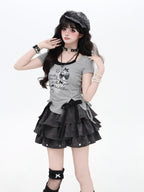 CRAZYGIRL Colorblock Halter Cross Print Bow Slim Cropped Women's Short Sleeve T-shirts