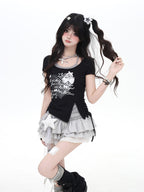 CRAZYGIRL Colorblock Halter Cross Print Bow Slim Cropped Women's Short Sleeve T-shirts