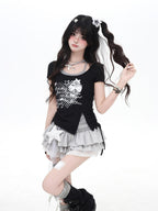 CRAZYGIRL Colorblock Halter Cross Print Bow Slim Cropped Women's Short Sleeve T-shirts