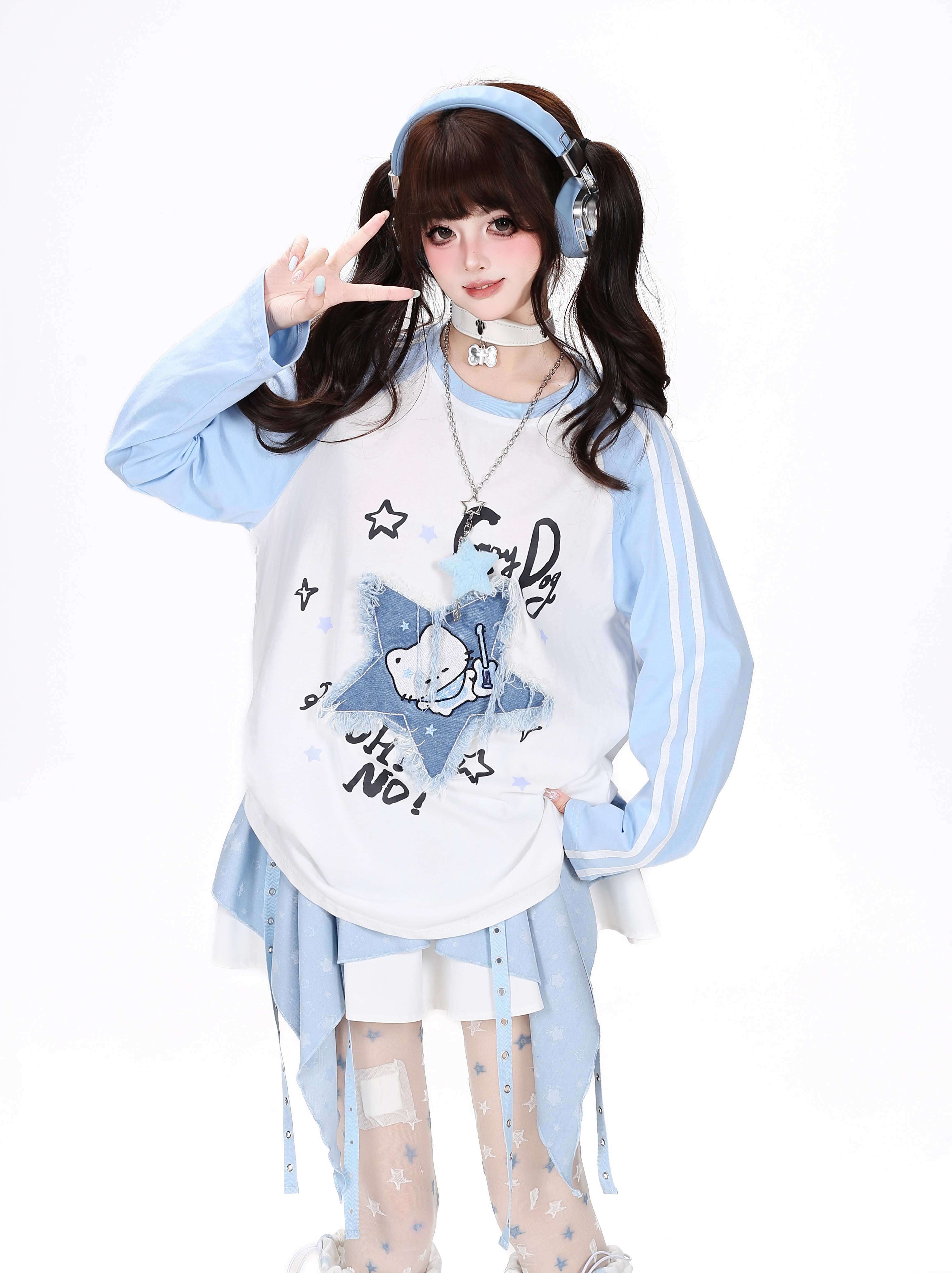 CRAZYGIRL_Colorblock_Star_Cat_Patchwork_Raglan_Cropped_Women's_Long_Sleeve_T-shirts_1072001620067_MISSTT