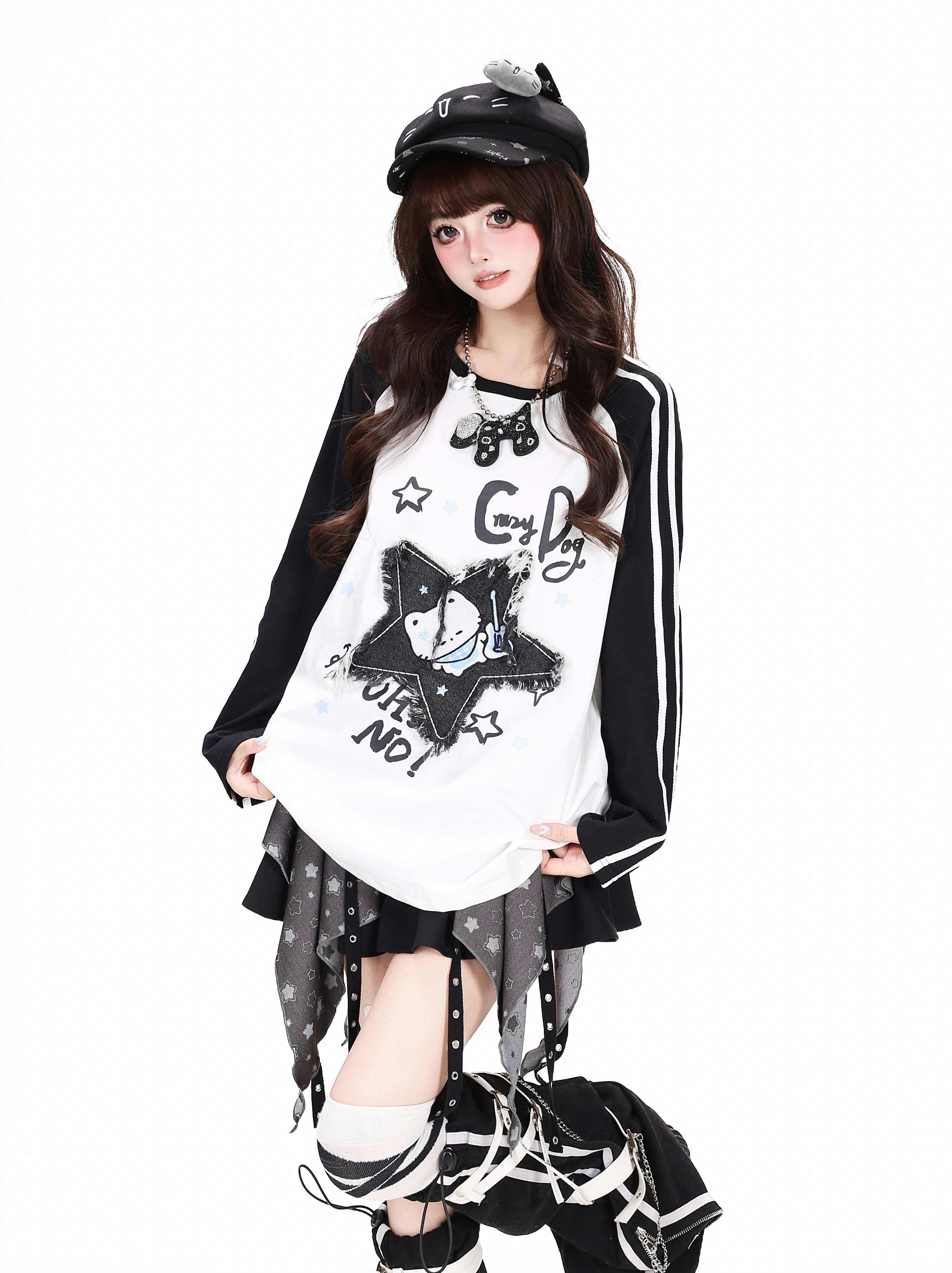 CRAZYGIRL_Colorblock_Star_Cat_Patchwork_Raglan_Cropped_Women's_Long_Sleeve_T-shirts_1072001620067_MISSTT