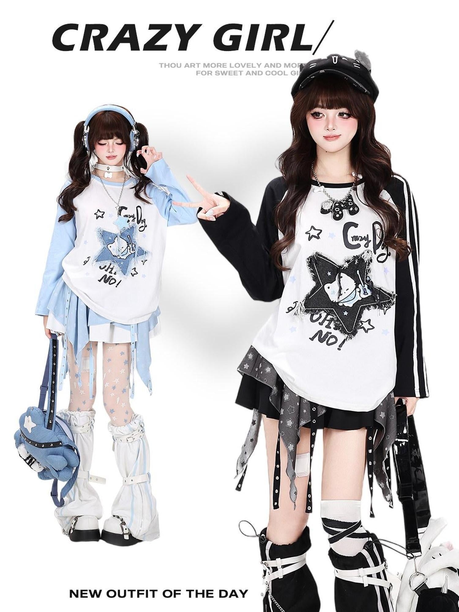 CRAZYGIRL Colorblock Star Cat Patchwork Raglan Cropped Women's Long Sleeve T-shirts