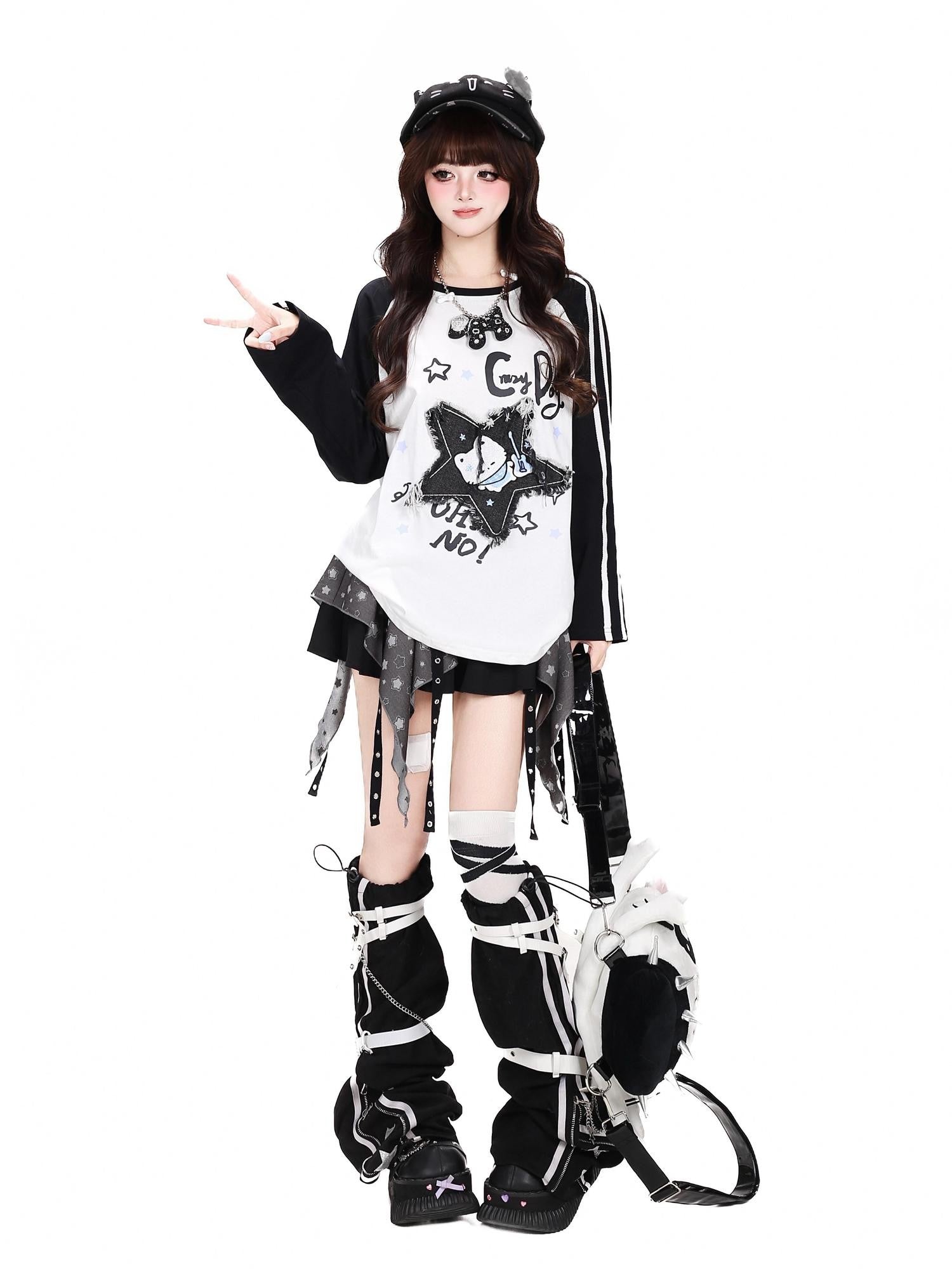 CRAZYGIRL Colorblock Star Cat Patchwork Raglan Cropped Women's Long Sleeve T-shirts