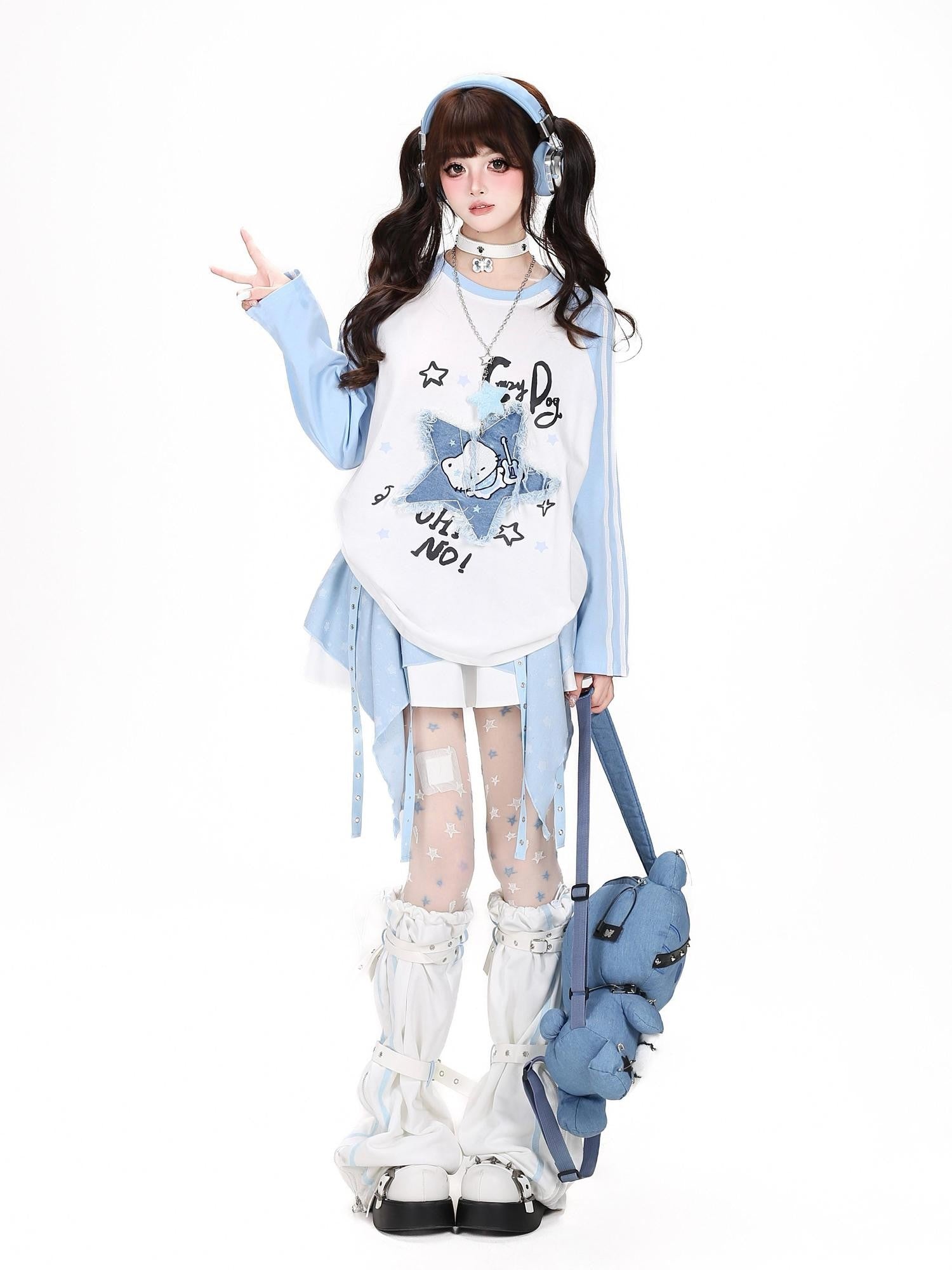 CRAZYGIRL Colorblock Star Cat Patchwork Raglan Cropped Women's Long Sleeve T-shirts