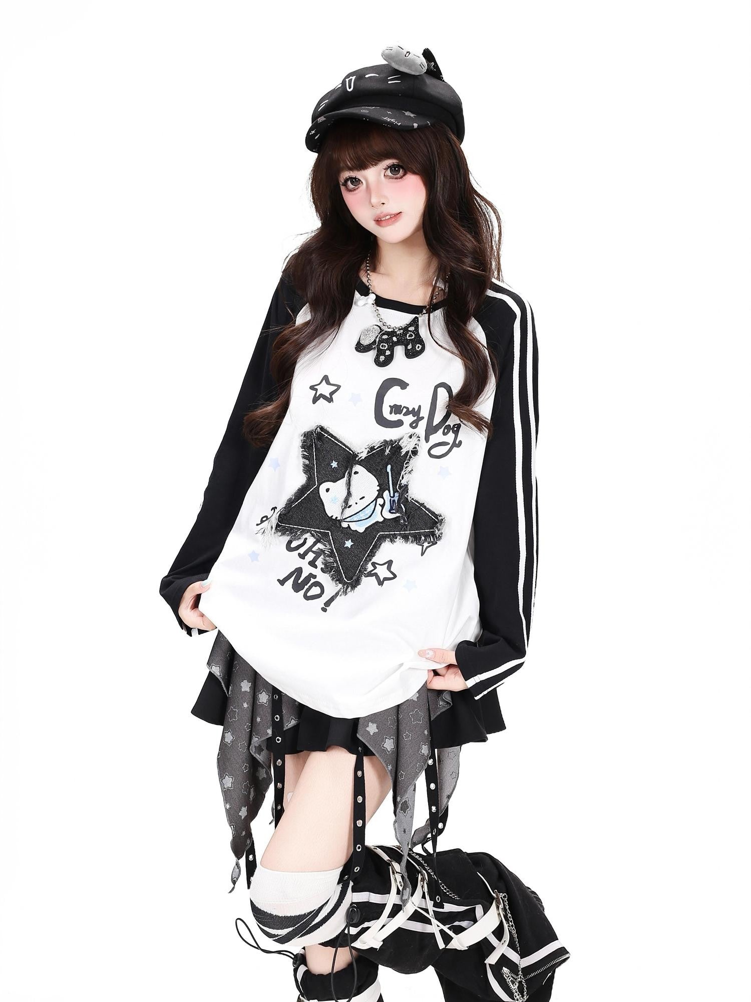 CRAZYGIRL Colorblock Star Cat Patchwork Raglan Cropped Women's Long Sleeve T-shirts
