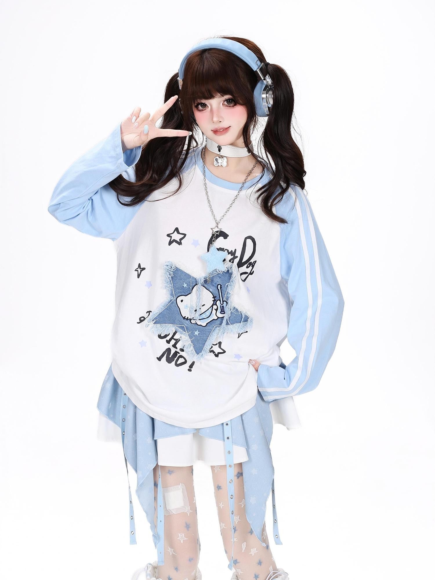 CRAZYGIRL Colorblock Star Cat Patchwork Raglan Cropped Women's Long Sleeve T-shirts