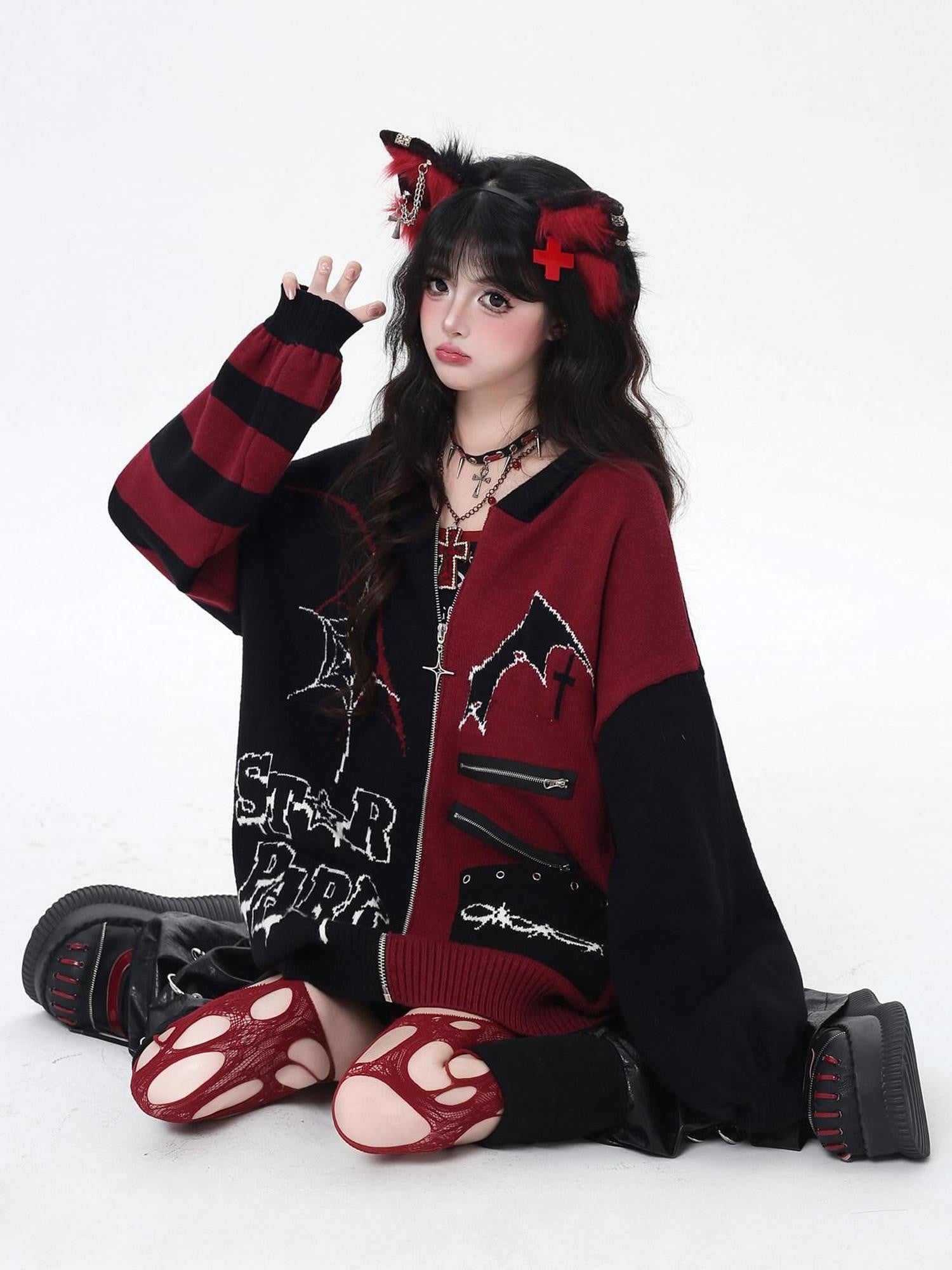 CRAZYGIRL Colorblock Striped Gothic Women's Loose Knit Thermal Cardigans