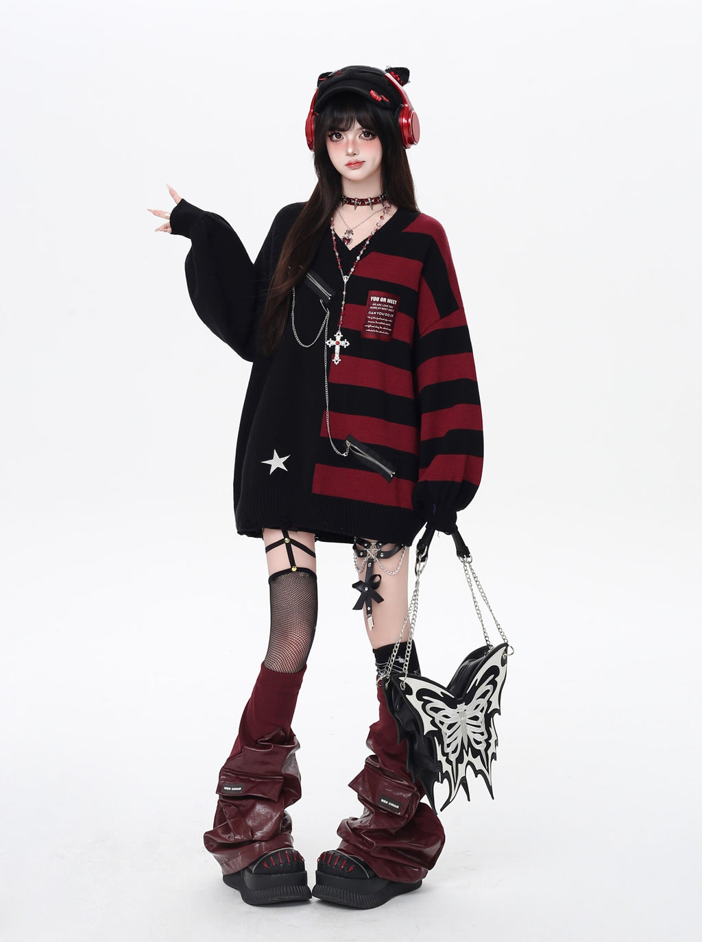 CRAZYGIRL_Colorblock_Striped_V-neck_Lantern_Sleeve_Pullover_Regular_Fit_Women's_Sweaters_982524162232_MISSTT