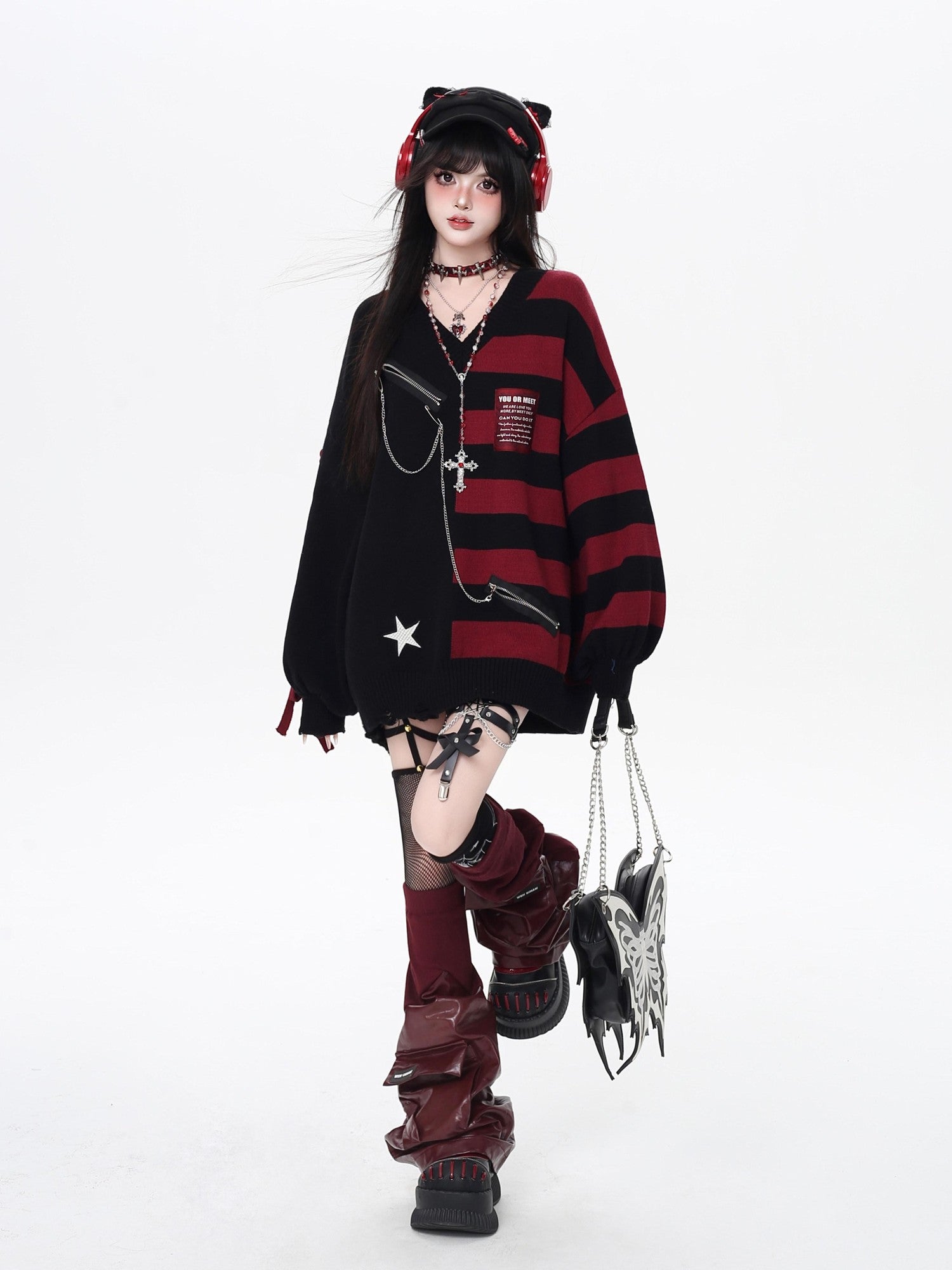 CRAZYGIRL Colorblock Striped V-neck Lantern Sleeve Pullover Regular Fit Women's Sweaters