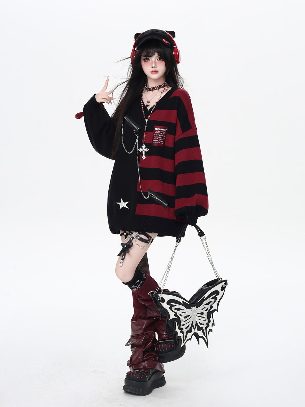 CRAZYGIRL Colorblock Striped V-neck Lantern Sleeve Pullover Regular Fit Women's Sweaters