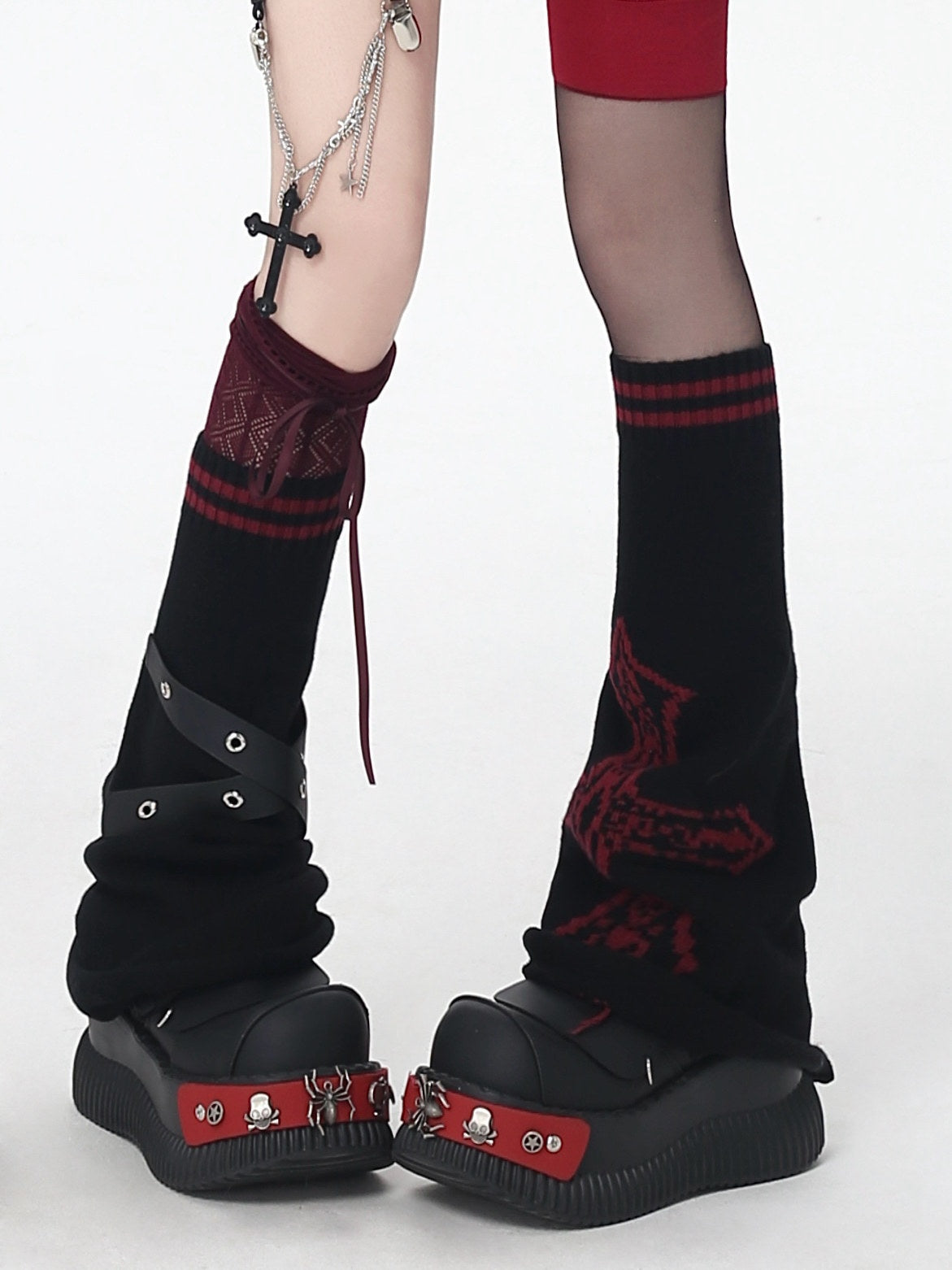 CRAZYGIRL_Cross_Punk_Striped_Belted_Stacked_Knit_Women's_Edgy_Leg_Warmers_980946068827_MISSTT