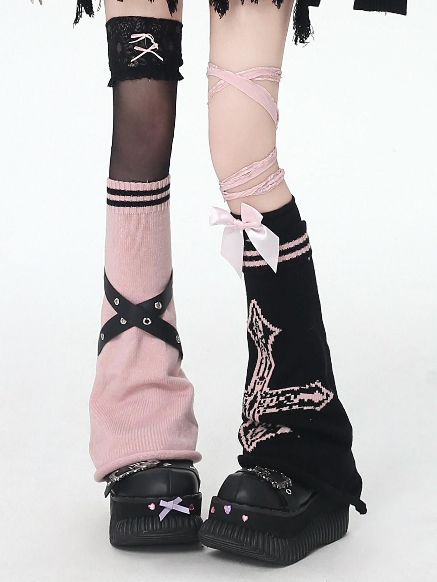 CRAZYGIRL Cross Punk Striped Belted Stacked Knit Women's Edgy Leg Warmers