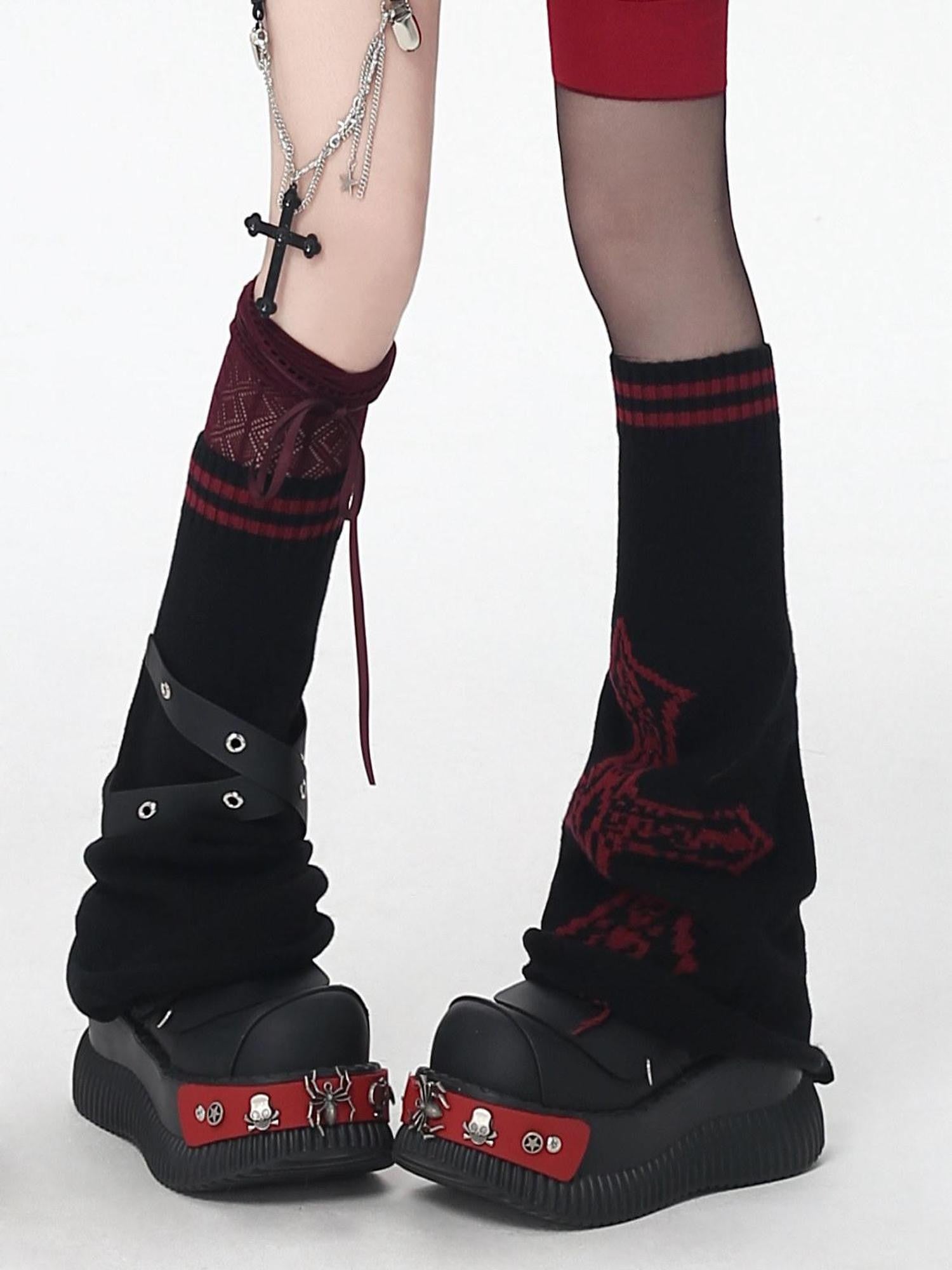 CRAZYGIRL Cross Punk Striped Belted Stacked Knit Women's Edgy Leg Warmers