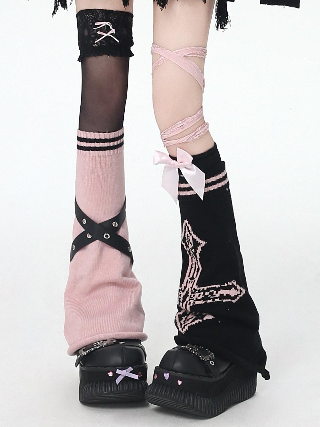 CRAZYGIRL Cross Punk Striped Belted Stacked Knit Women's Edgy Leg Warmers