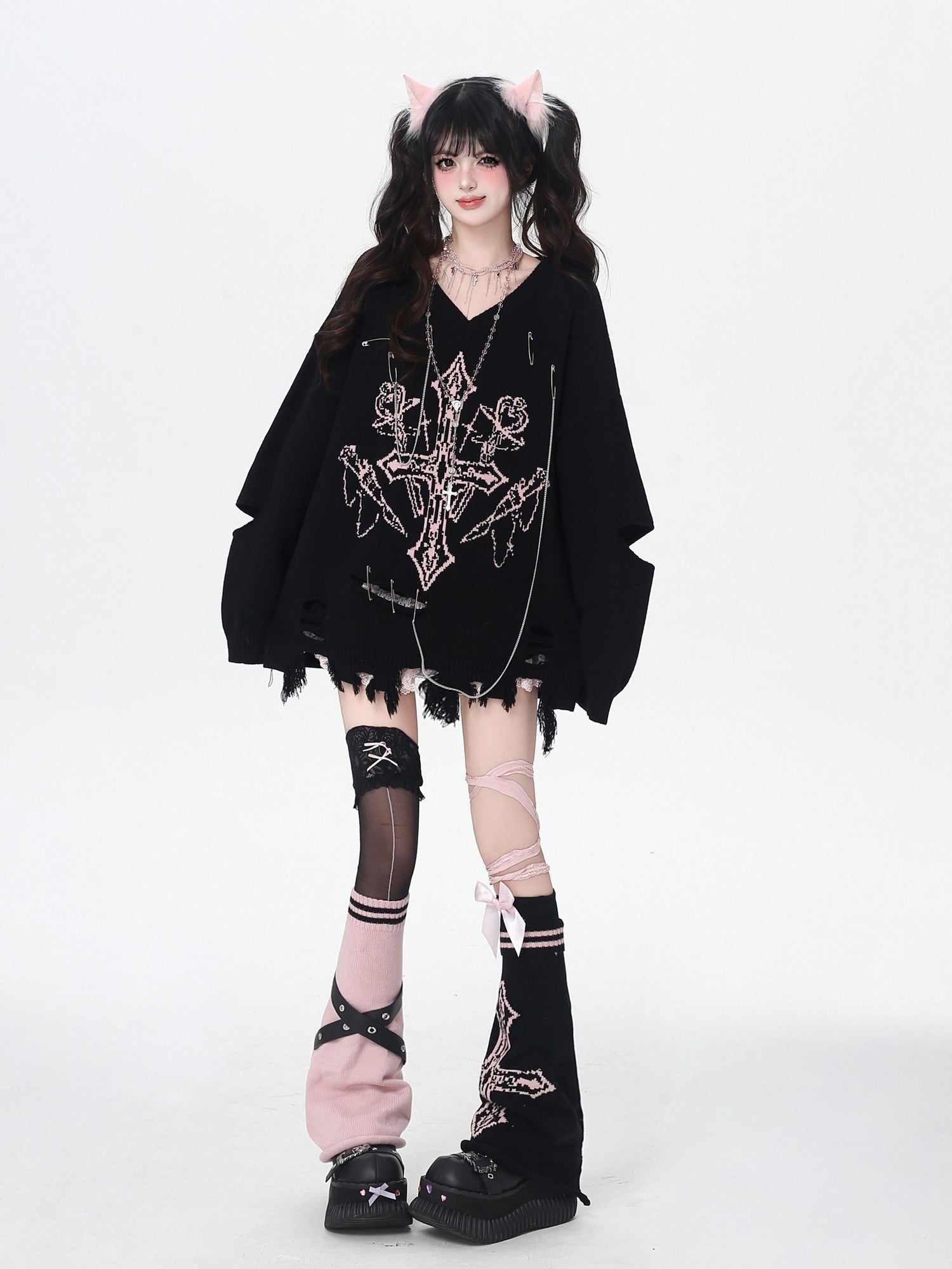 CRAZYGIRL Cross Punk Striped Belted Stacked Knit Women's Edgy Leg Warmers