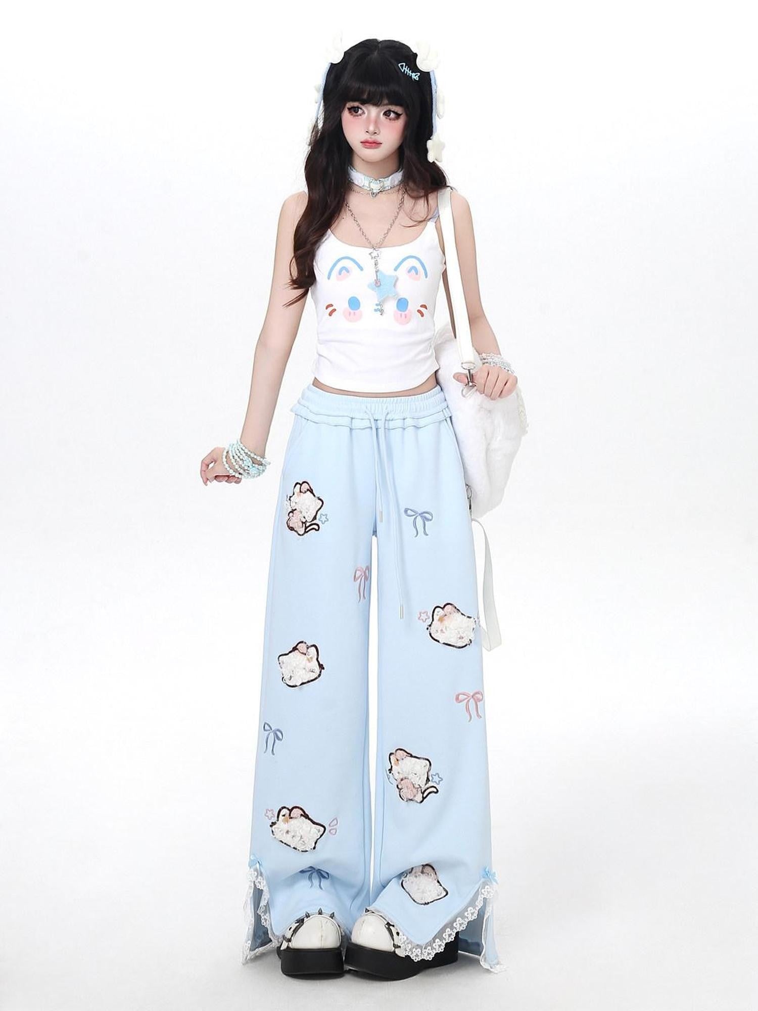 CRAZYGIRL Cute Cat 3d Embroidery Bow Lace High Waist Women's Other Material Chinos