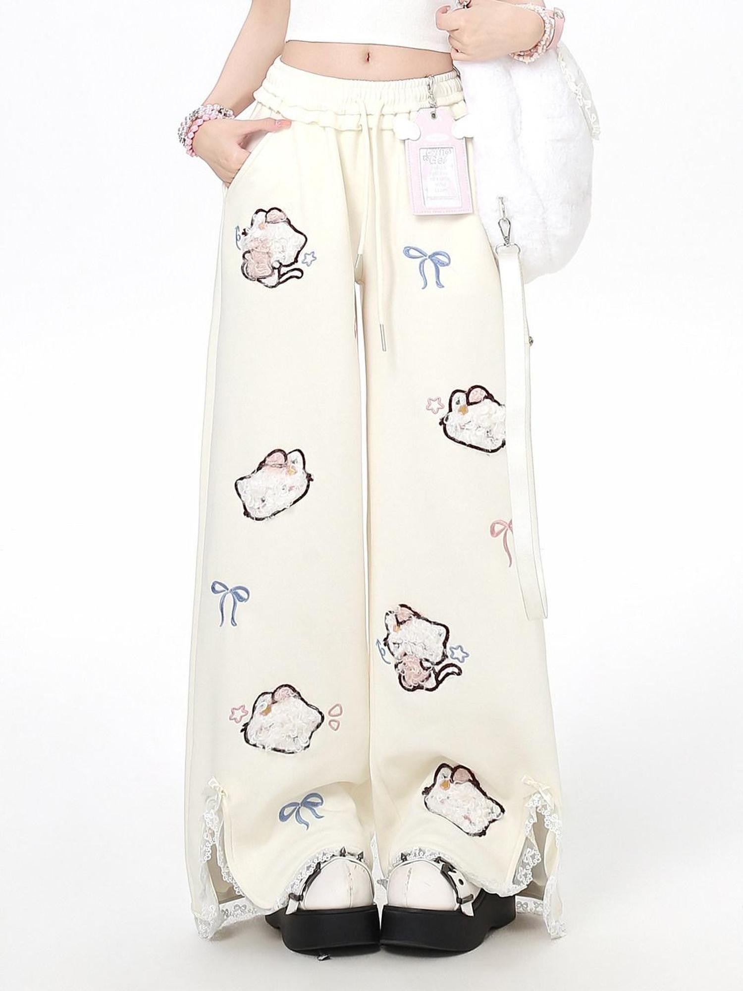 CRAZYGIRL Cute Cat 3d Embroidery Bow Lace High Waist Women's Other Material Chinos