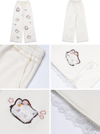 CRAZYGIRL Cute Cat 3d Embroidery Bow Lace High Waist Women's Other Material Chinos