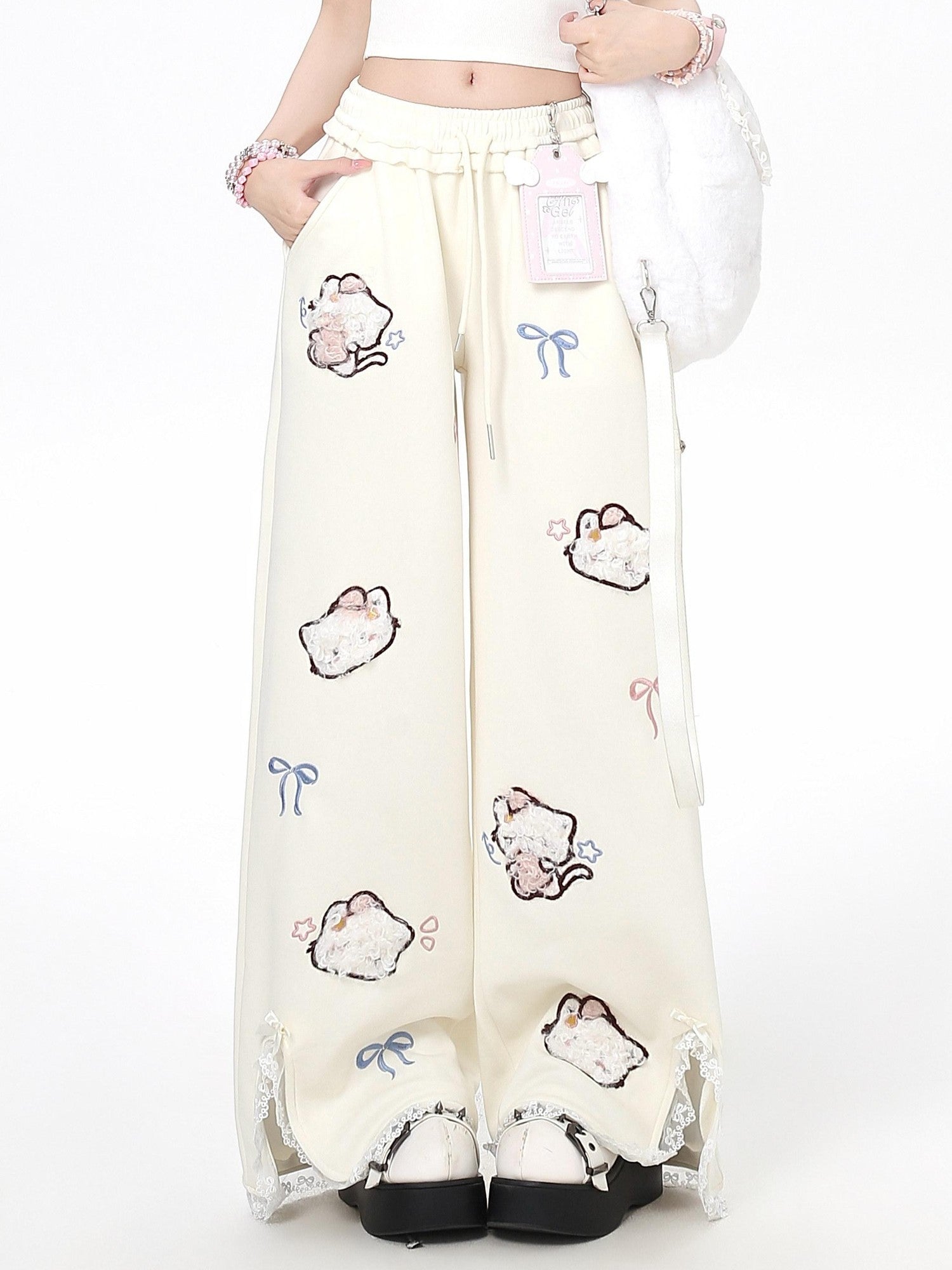 CRAZYGIRL Cute Cat 3d Embroidery Bow Lace High Waist Women's Other Material Chinos