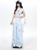 CRAZYGIRL Cute Cat 3d Embroidery Bow Lace High Waist Women's Other Material Chinos