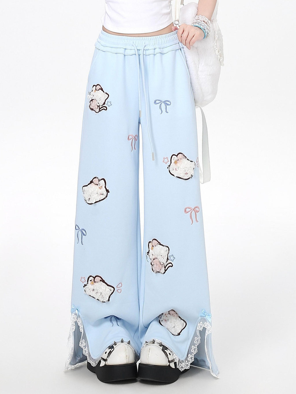 CRAZYGIRL Cute Cat 3d Embroidery Bow Lace High Waist Women's Other Material Chinos