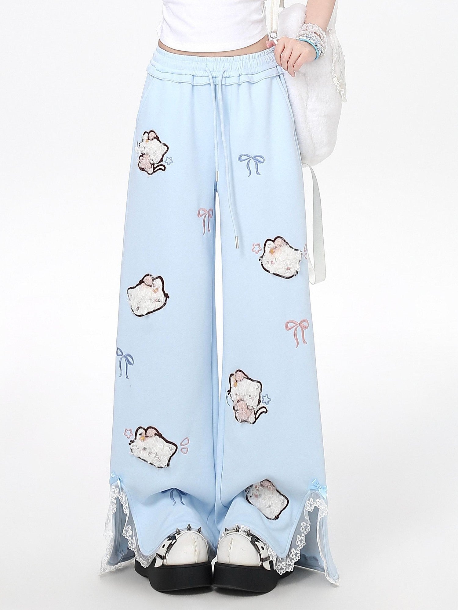 CRAZYGIRL Cute Cat 3d Embroidery Bow Lace High Waist Women's Other Material Chinos