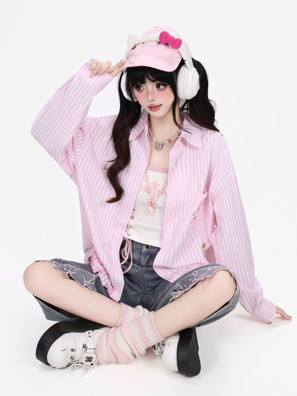 CRAZYGIRL_Cute_Cat_Embroidery_Striped_Asymmetrical_Hem_Women's_Breathable_Blouses_1057723494057_MISSTT