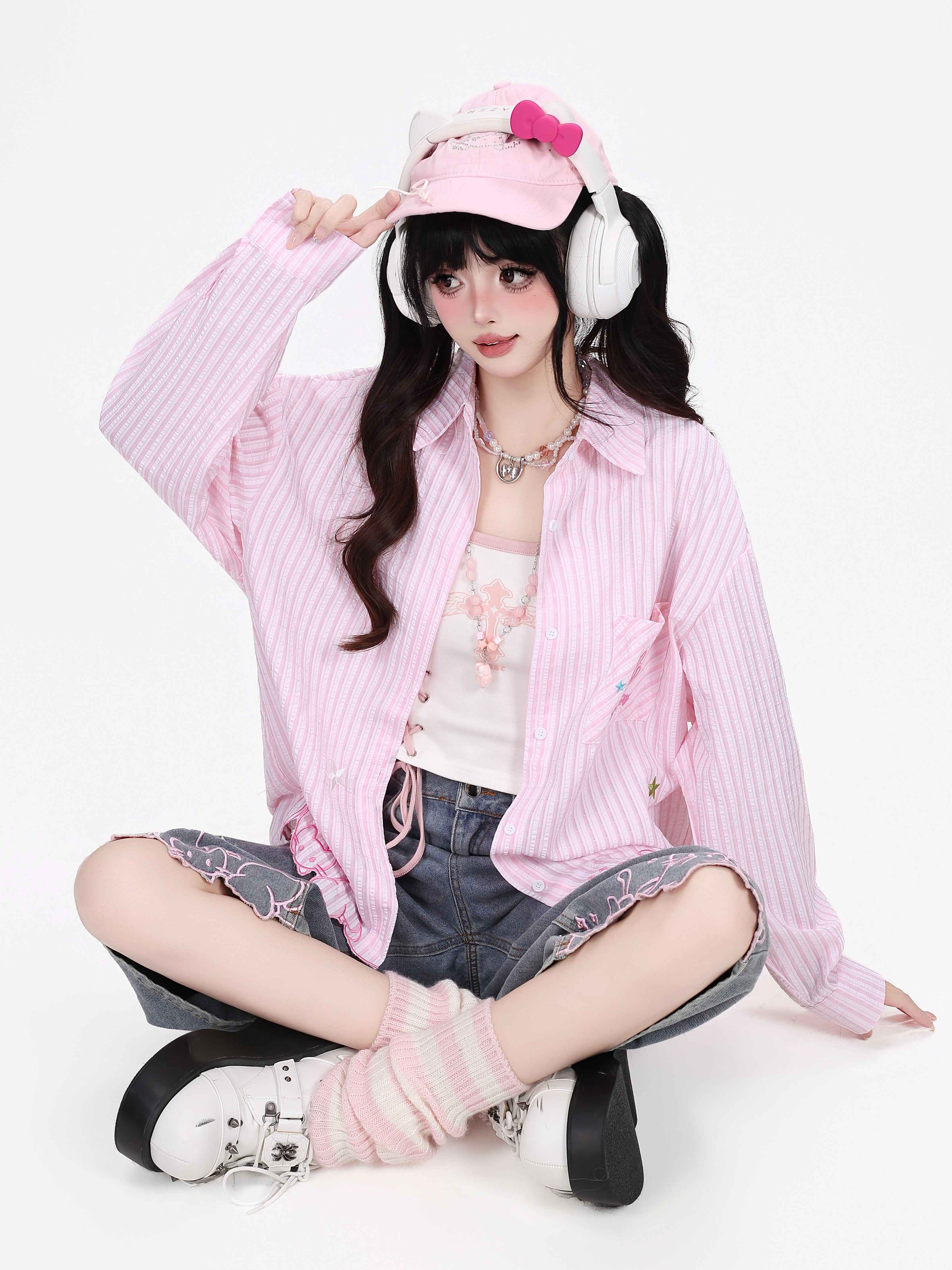 CRAZYGIRL_Cute_Cat_Embroidery_Striped_Asymmetrical_Hem_Women's_Breathable_Blouses_1057723494057_MISSTT