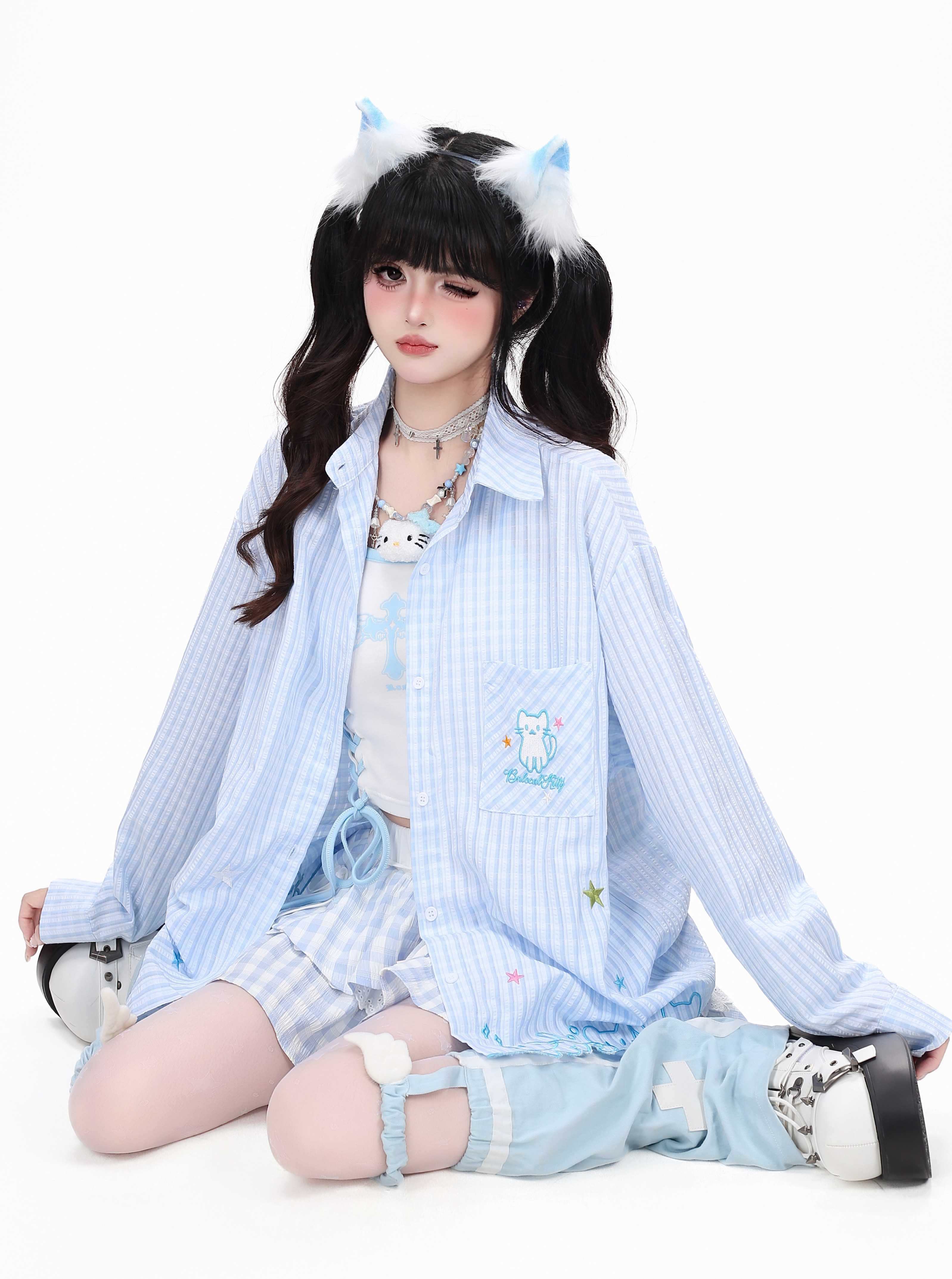 CRAZYGIRL_Cute_Cat_Embroidery_Striped_Asymmetrical_Hem_Women's_Breathable_Blouses_1057723494057_MISSTT