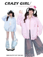 CRAZYGIRL Cute Cat Embroidery Striped Asymmetrical Hem Women's Breathable Blouses