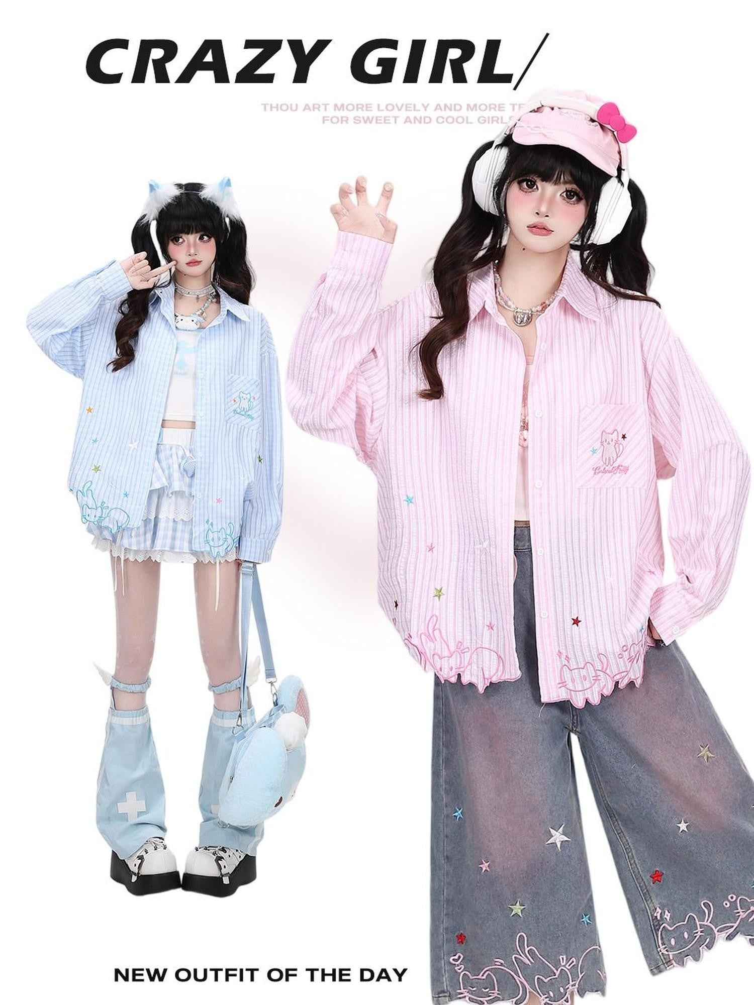 CRAZYGIRL Cute Cat Embroidery Striped Asymmetrical Hem Women's Breathable Blouses