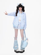 CRAZYGIRL Cute Cat Embroidery Striped Asymmetrical Hem Women's Breathable Blouses