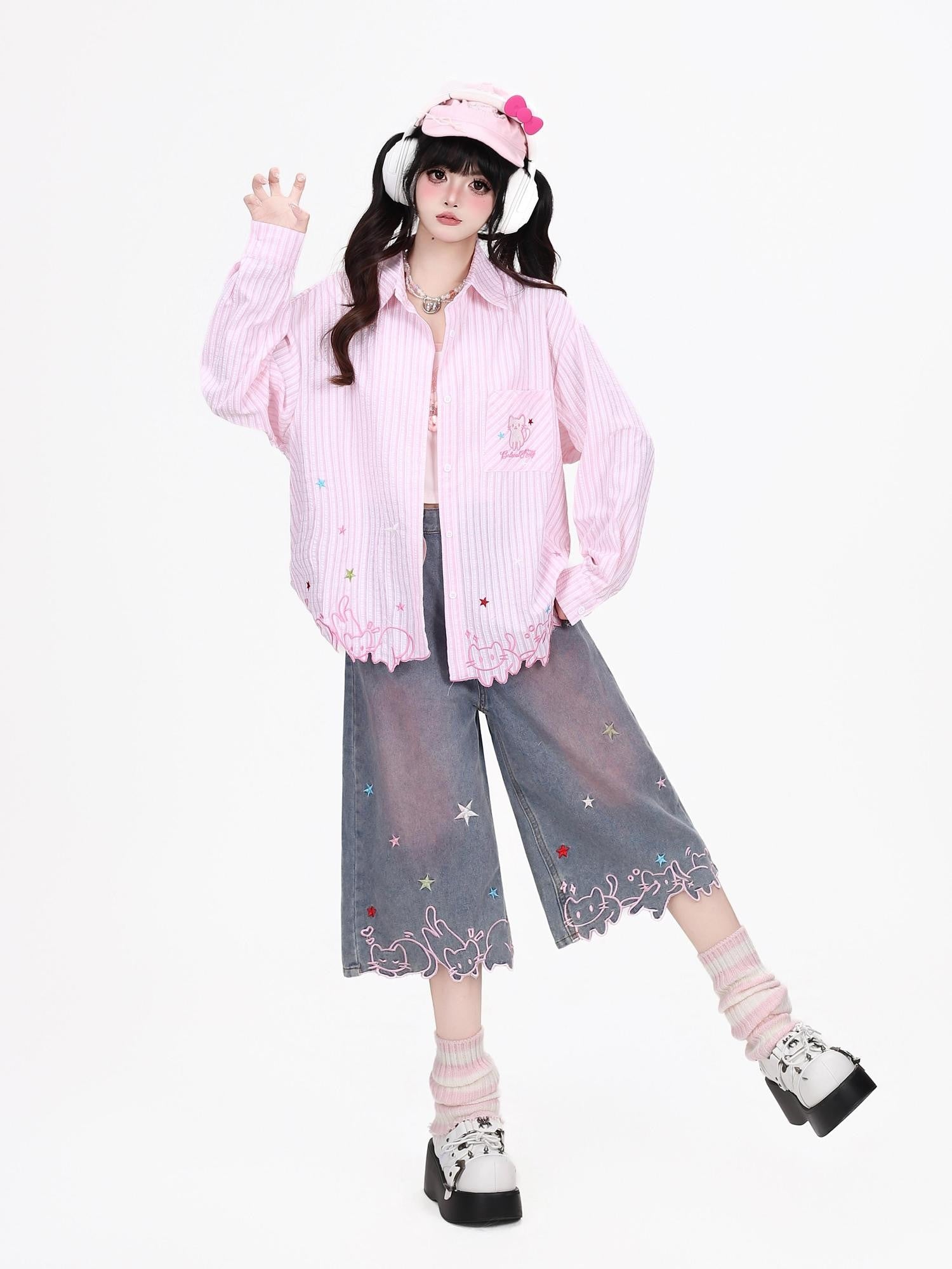 CRAZYGIRL Cute Cat Embroidery Striped Asymmetrical Hem Women's Breathable Blouses