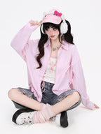 CRAZYGIRL Cute Cat Embroidery Striped Asymmetrical Hem Women's Breathable Blouses