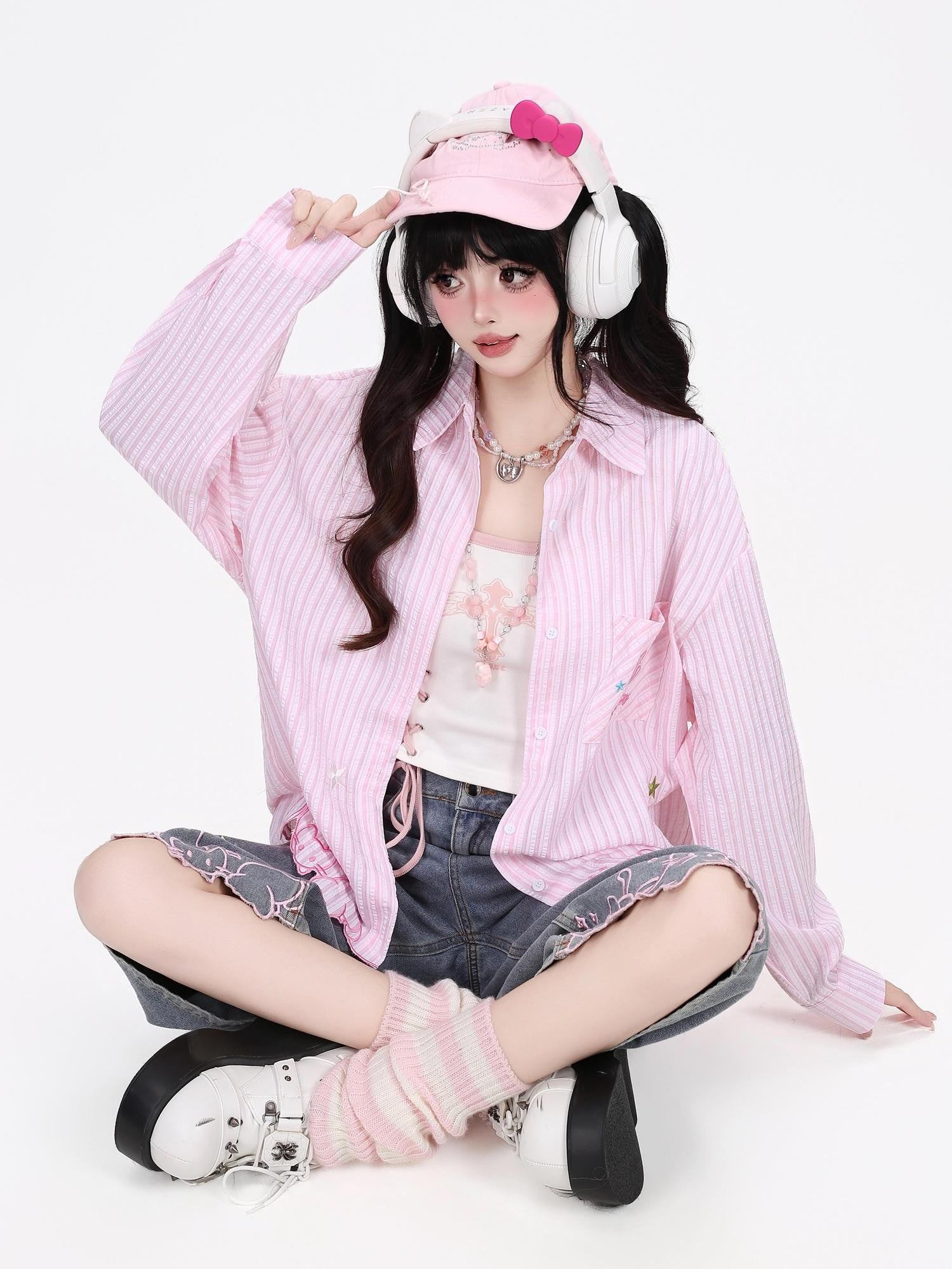 CRAZYGIRL Cute Cat Embroidery Striped Asymmetrical Hem Women's Breathable Blouses