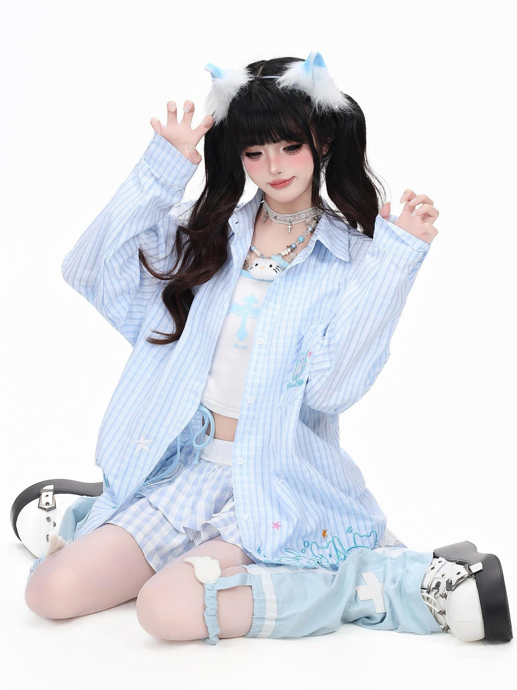 CRAZYGIRL Cute Cat Embroidery Striped Asymmetrical Hem Women's Breathable Blouses