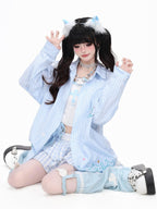 CRAZYGIRL Cute Cat Embroidery Striped Asymmetrical Hem Women's Breathable Blouses