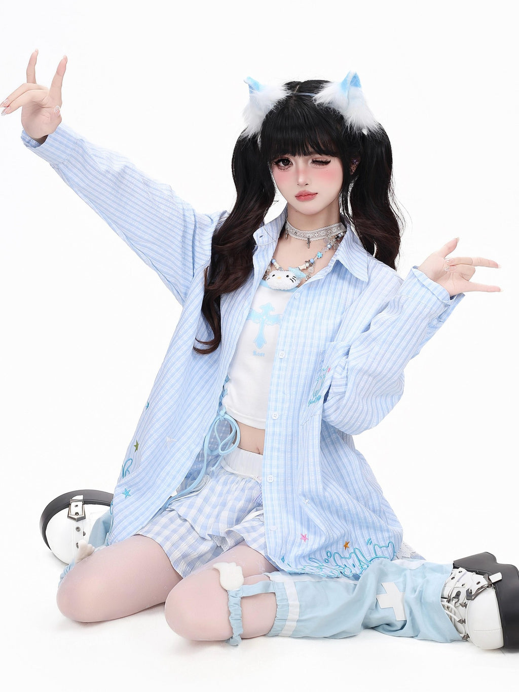 CRAZYGIRL Cute Cat Embroidery Striped Asymmetrical Hem Women's Breathable Blouses