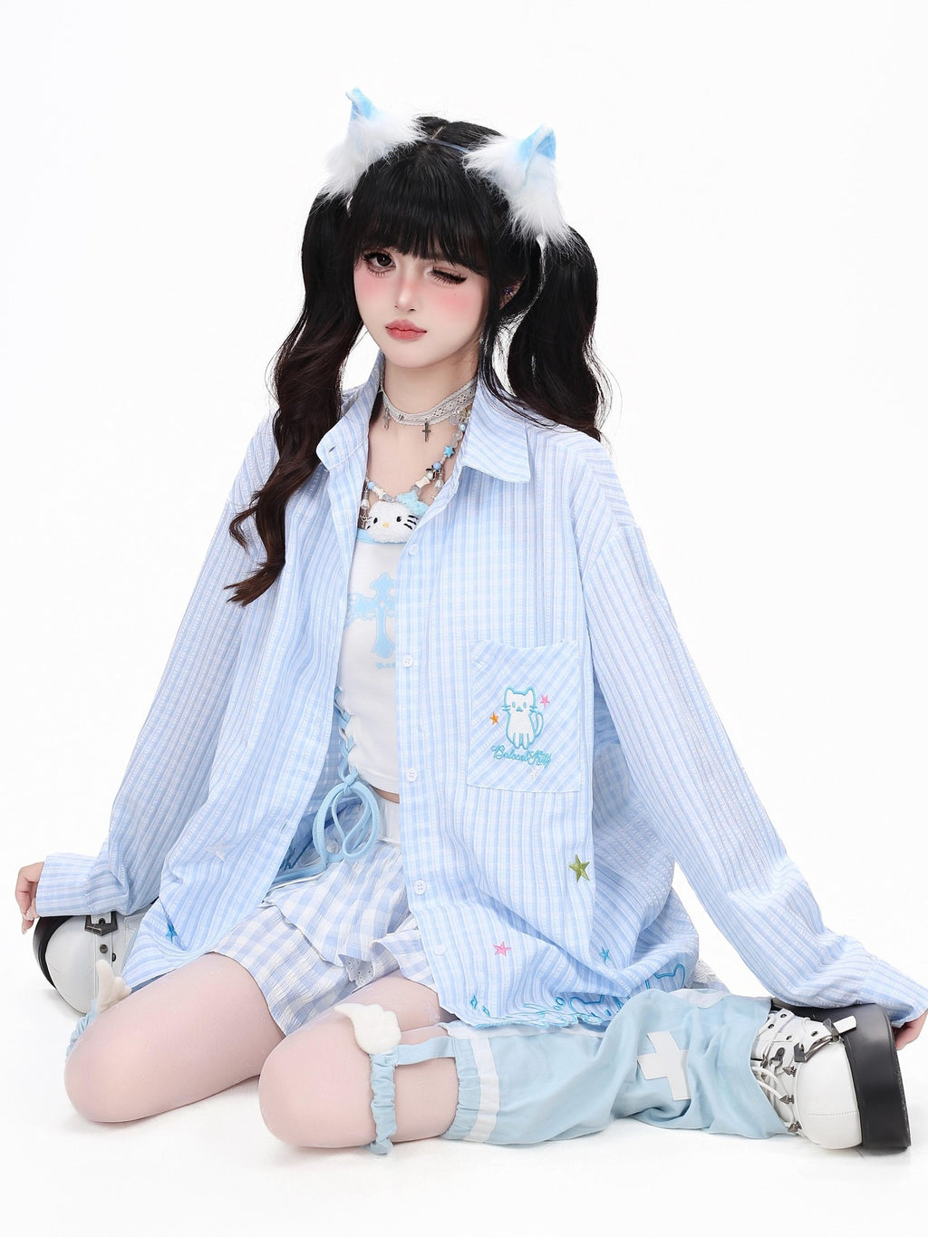 CRAZYGIRL Cute Cat Embroidery Striped Asymmetrical Hem Women's Breathable Blouses